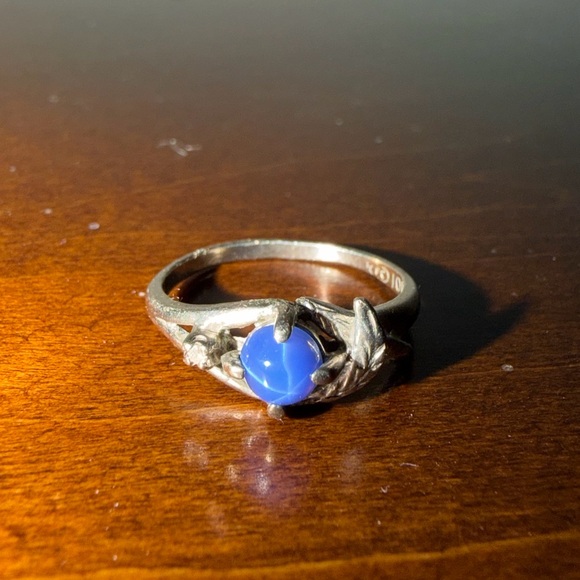 10kt solid white gold 4.6mm blue star sapphire natural diamond leaf ring sz 6.5 - Picture 5 of 13